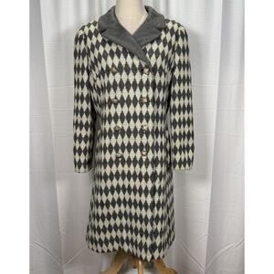 VTG Pickfair Place Wool Coat Gray Diamond Mod 60s Double Breasted Size Medium